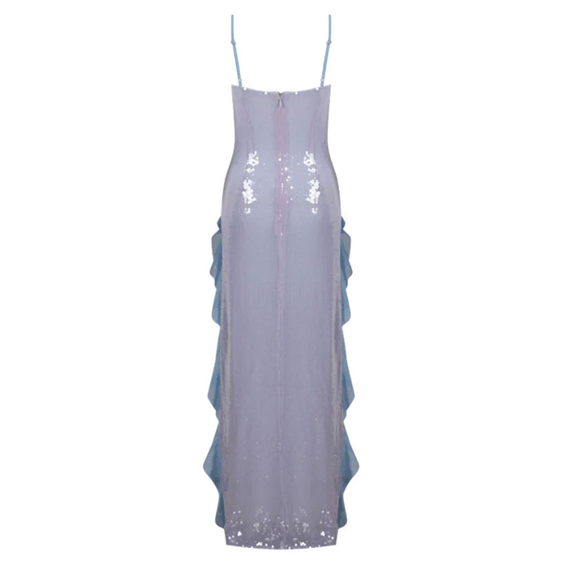 Luxurious Rosette Corsage Ruffle Thigh Split Mermaid Effect Sheer Sequined Dress