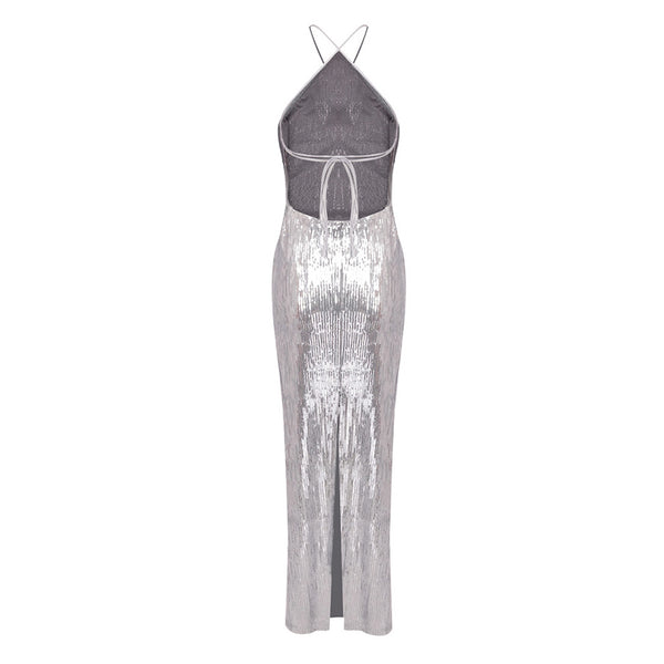Luxurious Rosette Halter Tie Backless Metallic Sequin Maxi Evening Dress