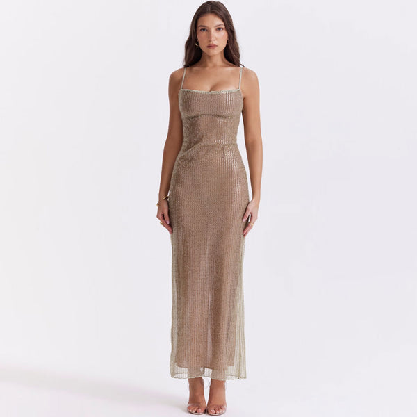 Luxurious Scalloped Square Neck Embellished Sequin Slip Evening Maxi Dress
