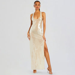 Luxurious Scoop Neck Sleeveless High Slit Embellished Sequin Maxi Dress