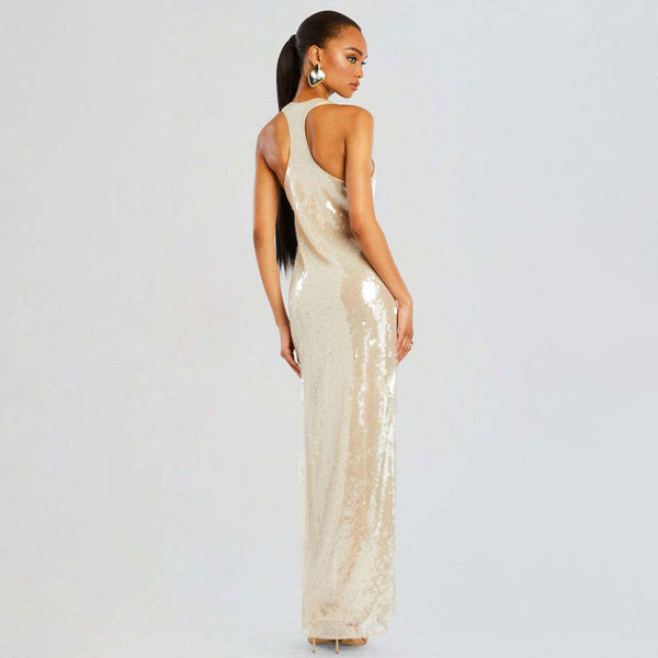 Luxurious Scoop Neck Sleeveless High Slit Embellished Sequin Maxi Dress