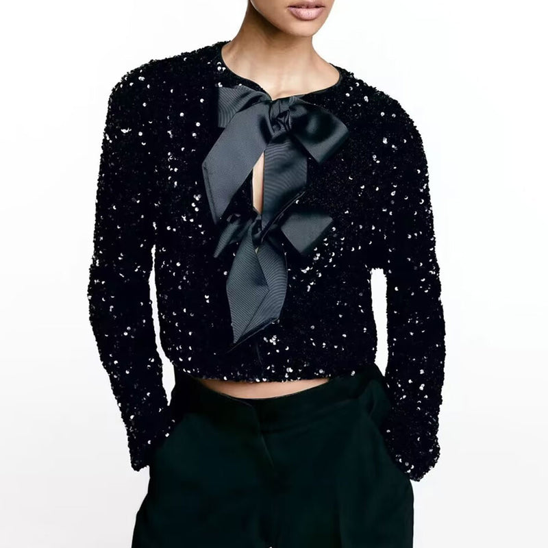 Luxury Big Bow Tie Crew Neck Long Sleeve Sequin Velvet Crop Jacket