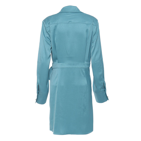 Luxury Collared Long Sleeve Patch Pocket Tie Waist Pleated Satin Midi Shirt Dress