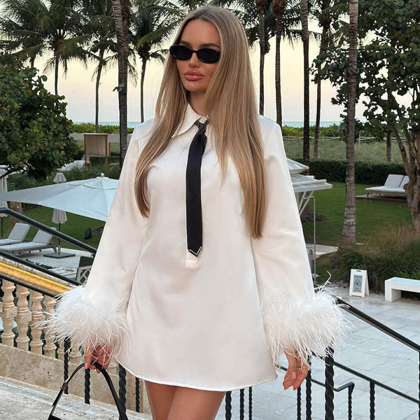 Luxury Collared Neck Tie A Line Long Sleeve Faux Feather Trim Shirt Mini Dress