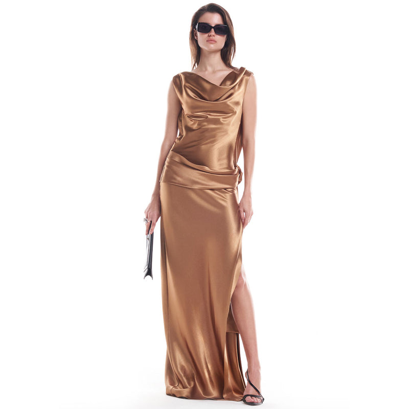Luxury Cowl Neck Backless Draped Rosette Slit Satin Evening Maxi Dress