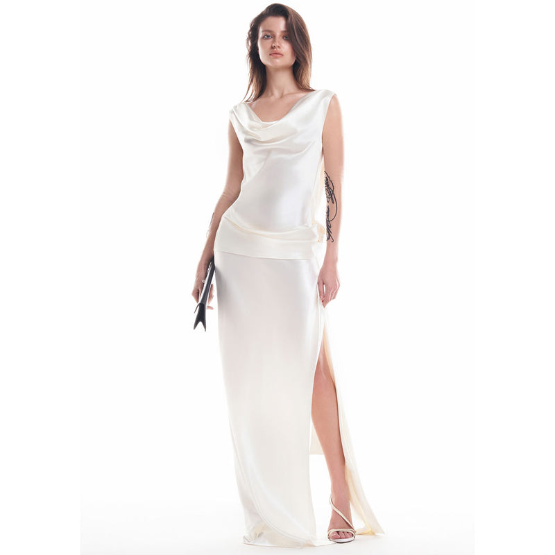 Luxury Cowl Neck Backless Draped Rosette Slit Satin Evening Maxi Dress