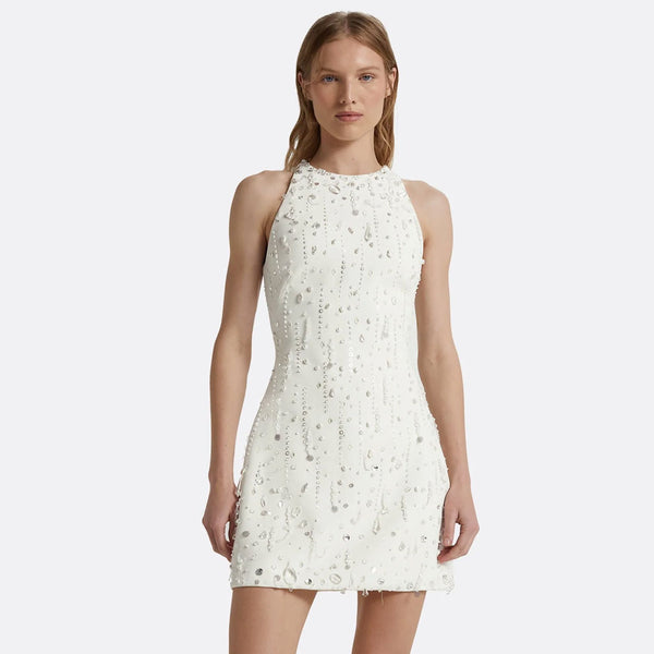Luxury Crew Neck Sleeveless Embellished Beaded Crepe Bodycon Mini Party Dress