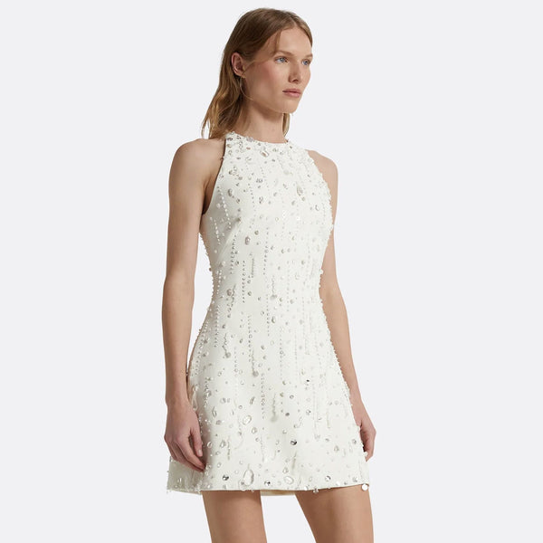 Luxury Crew Neck Sleeveless Embellished Beaded Crepe Bodycon Mini Party Dress