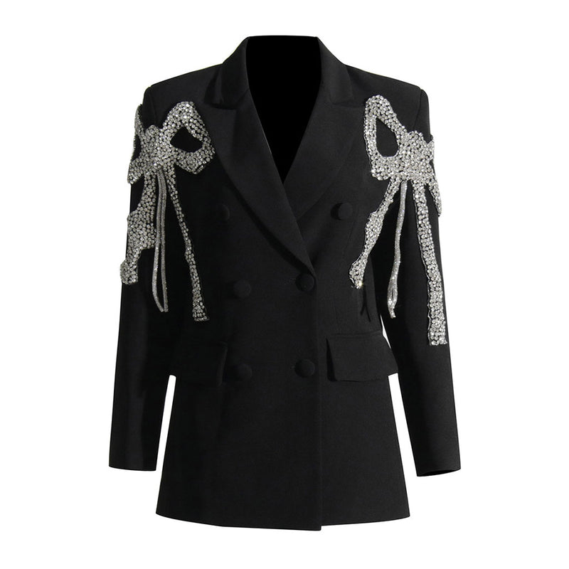 Luxury Crystal Bow Embellished Lapel Collar Single Breasted Blazer