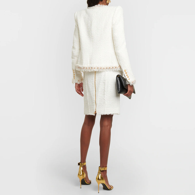 Luxury Crystal Bow Embellishment Crewneck Long Sleeve Frayed Trim Tweed Jacket