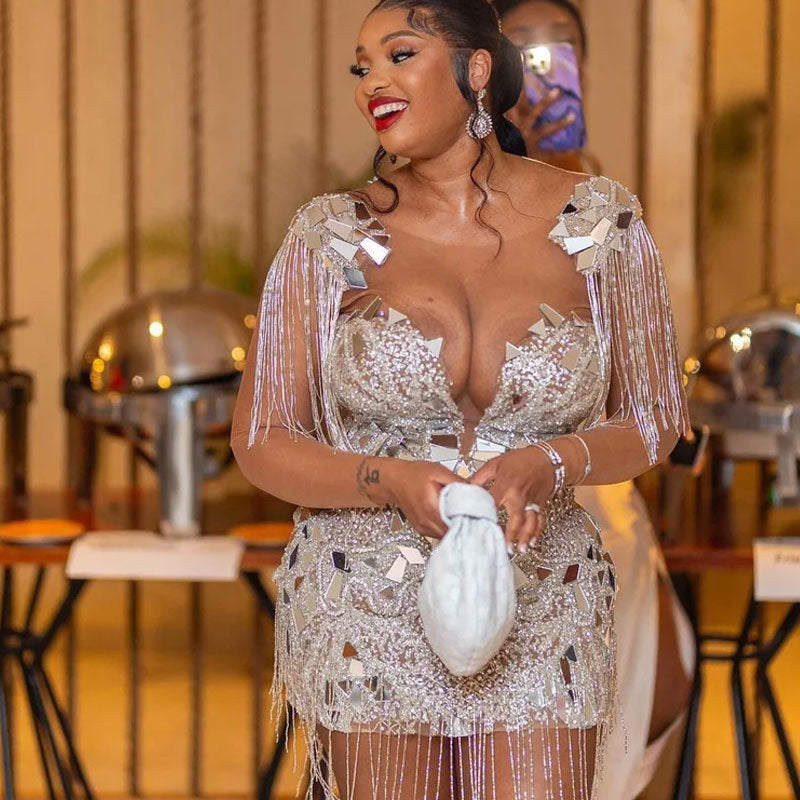 Luxury Crystal Fringe Padded Epaulet Mirror Sequin Mesh Panel Lurex Mini Party Dress