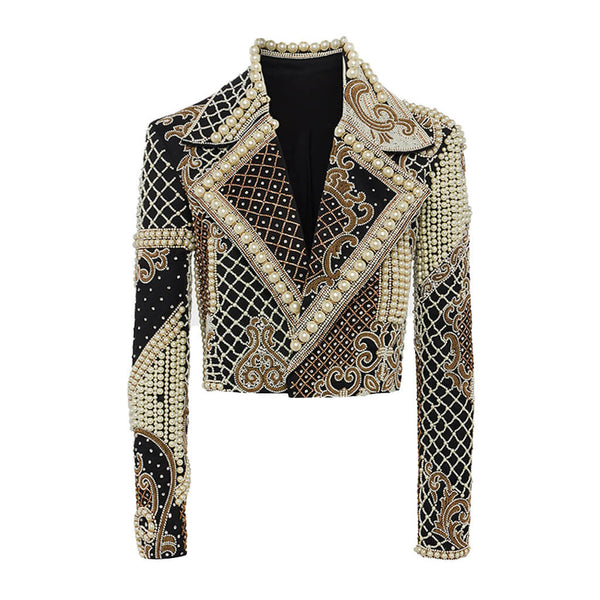 Luxury Crystal Pearl Beaded Embroidered Lapel Open Front Crop Blazer