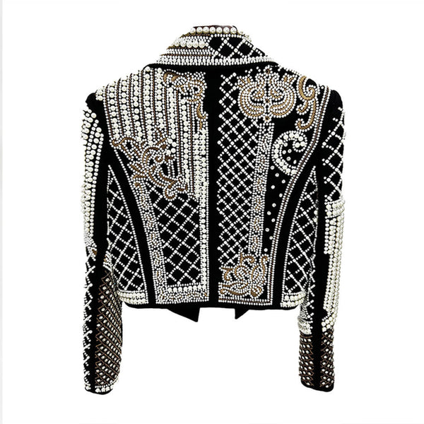 Luxury Crystal Pearl Beaded Embroidered Lapel Open Front Crop Blazer
