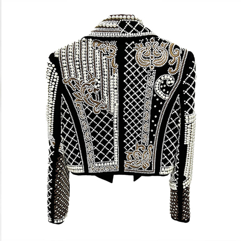 Luxury Crystal Pearl Beaded Embroidered Lapel Open Front Crop Blazer