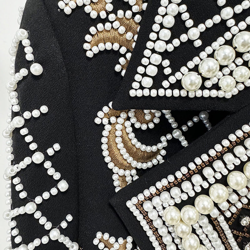 Luxury Crystal Pearl Beaded Embroidered Lapel Open Front Crop Blazer