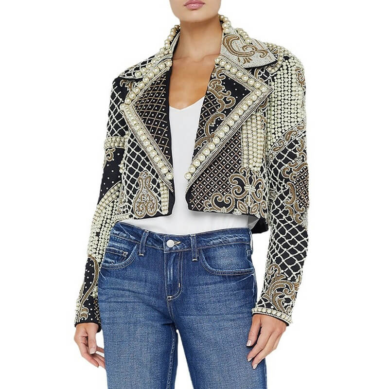 Luxury Crystal Pearl Beaded Embroidered Lapel Open Front Crop Blazer