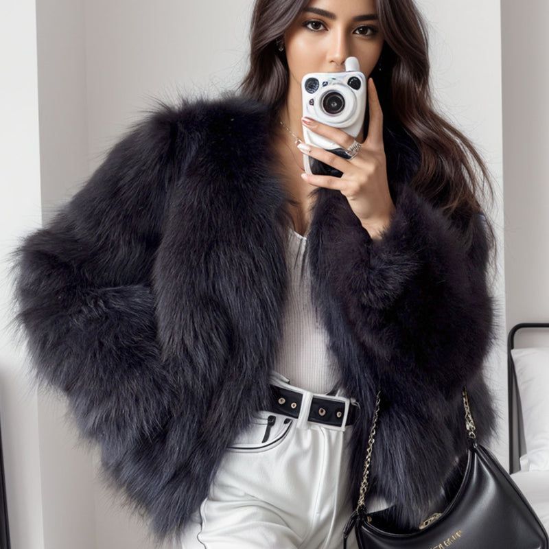 Luxury Dark Gray Long Sleeve Side Pocket Cropped Plush Fur Coat