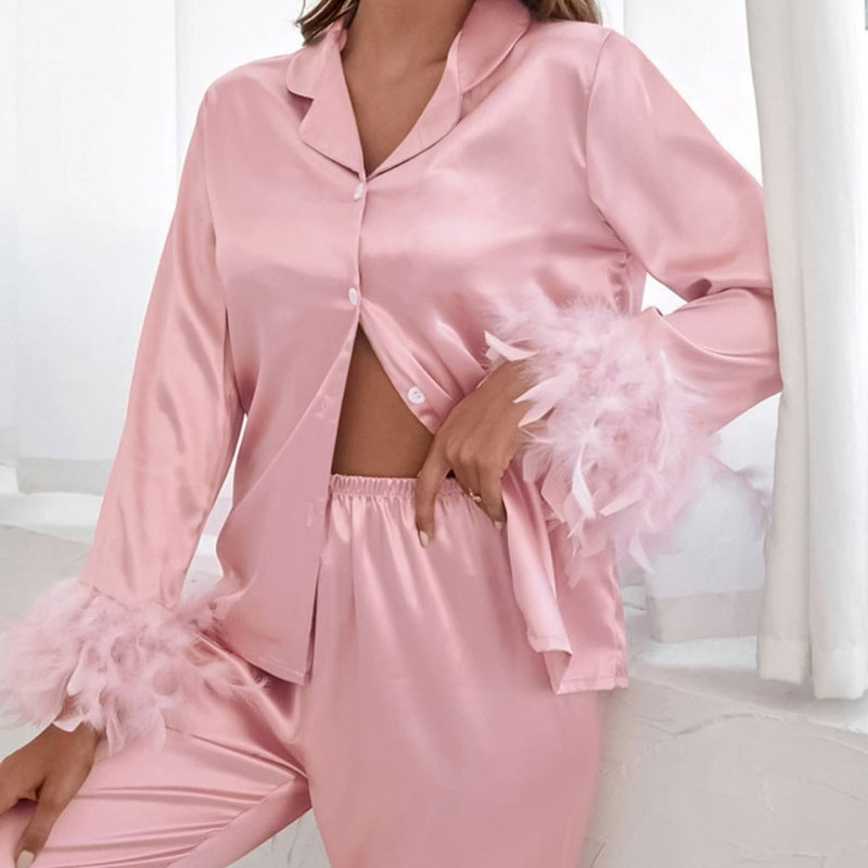 Luxury Faux Feather Long Sleeve Lapel Collar Button Up Satin Lounge Set