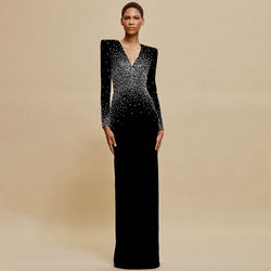 Luxury Faux Pearl Crystal V Neck Long Sleeve Column Evening Maxi Dress