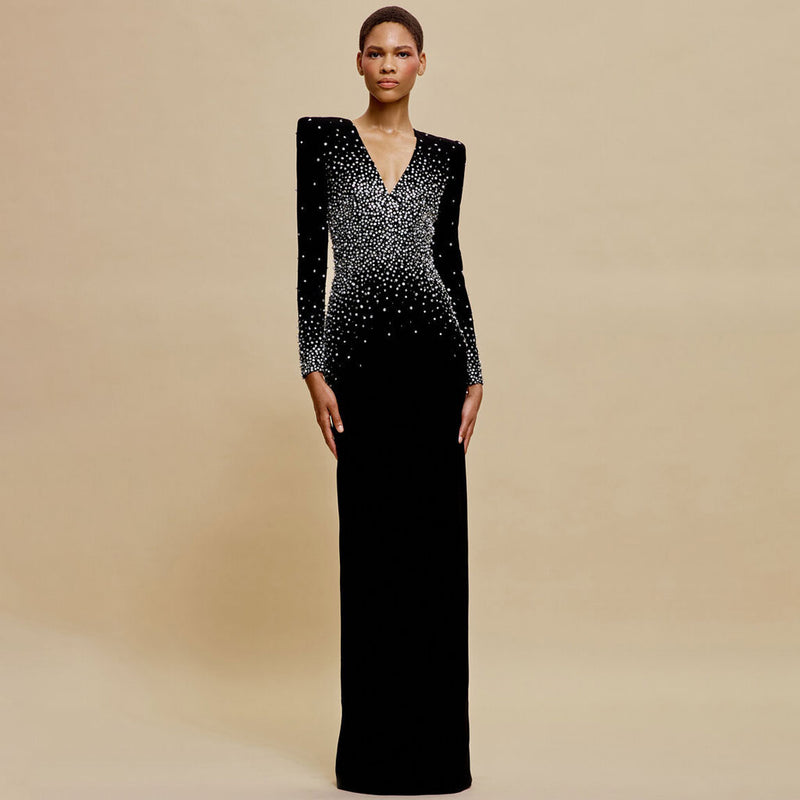 Luxury Faux Pearl Crystal V Neck Long Sleeve Column Evening Maxi Dress