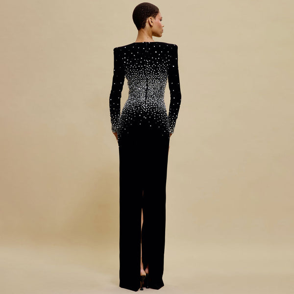 Luxury Faux Pearl Crystal V Neck Long Sleeve Column Evening Maxi Dress