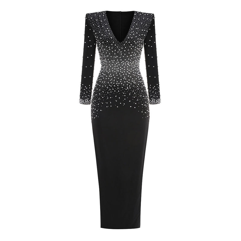 Luxury Faux Pearl Crystal V Neck Long Sleeve Column Evening Maxi Dress