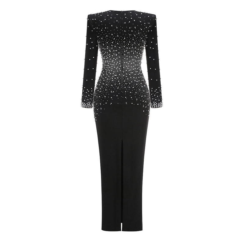 Luxury Faux Pearl Crystal V Neck Long Sleeve Column Evening Maxi Dress