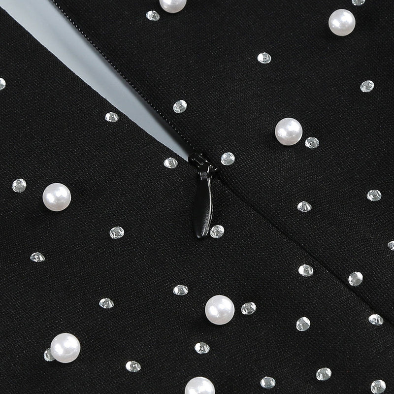 Luxury Faux Pearl Crystal V Neck Long Sleeve Column Evening Maxi Dress