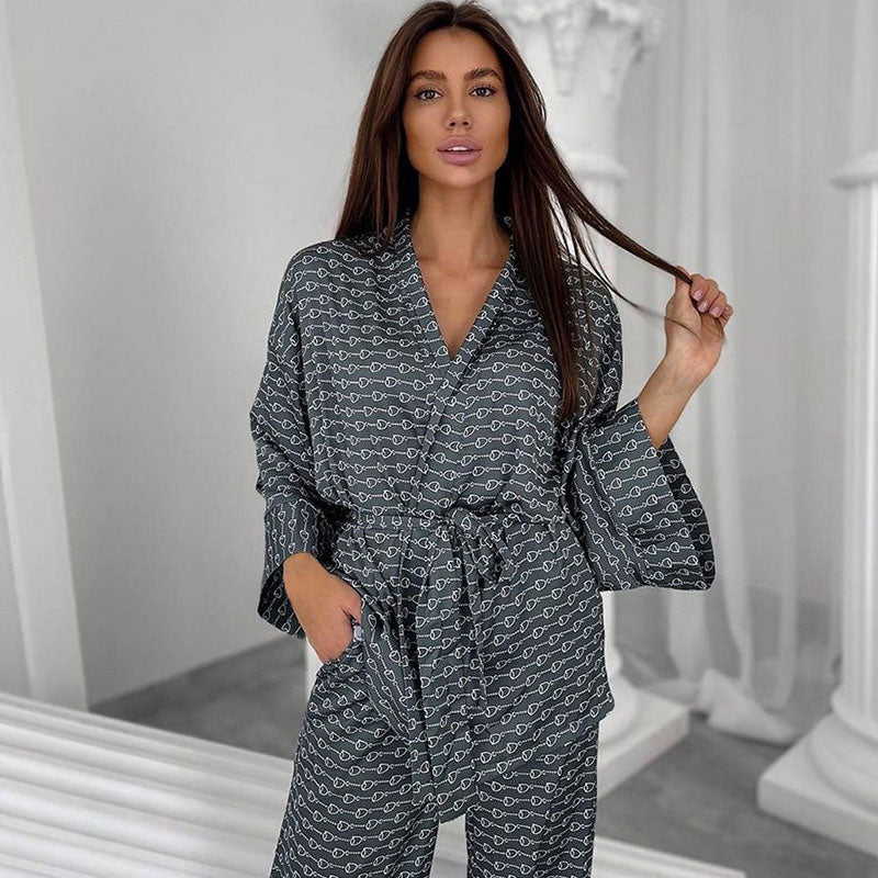 Luxury Geo Print Long Sleeve Belted Wrap Robe High Waist Satin Lounge Set