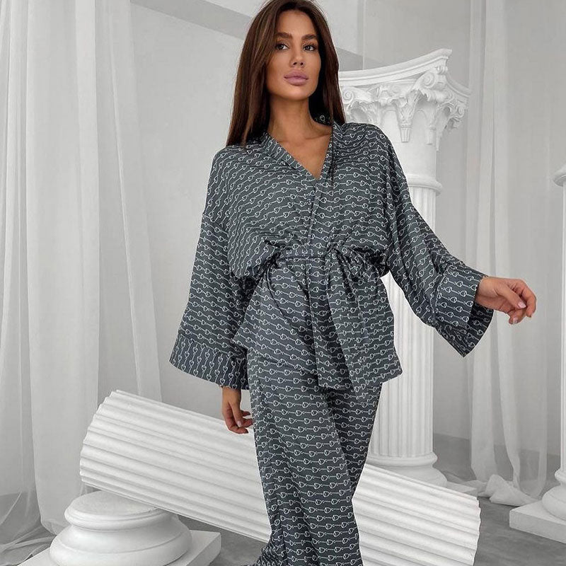 Luxury Geo Print Long Sleeve Belted Wrap Robe High Waist Satin Lounge Set