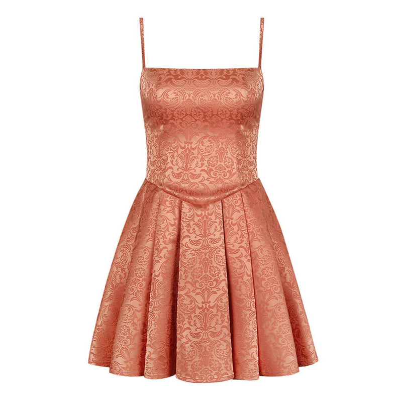 Luxury Jacquard Floral Drop Waist Pleated Sleeveless Bow Trim Mini Dress