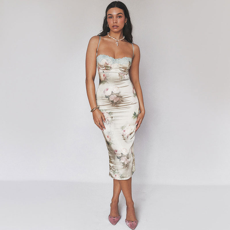 3D Floral Bustier Midi Dress