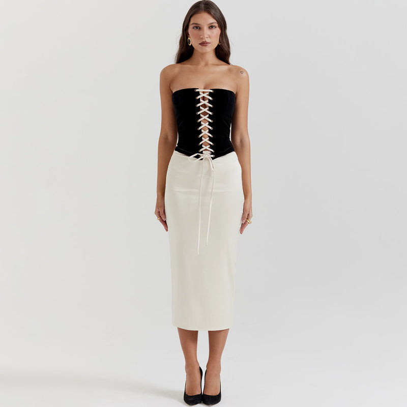 Luxury Lace Up Velvet Strapless Crop Corset Silky Satin Midi Skirt Matching Set