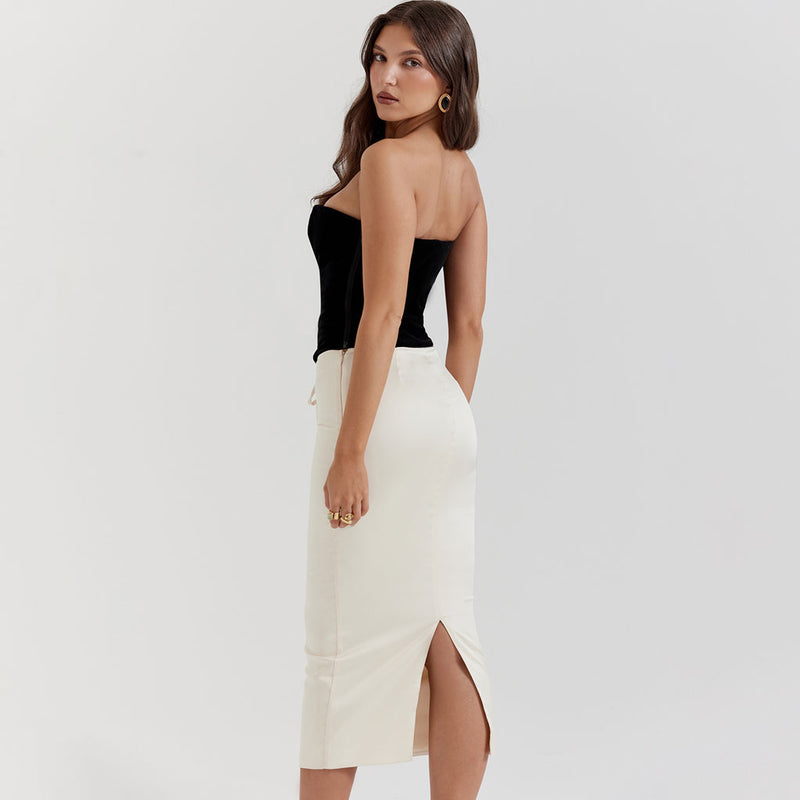 Lux, Satin Full Midi Skirt in Black