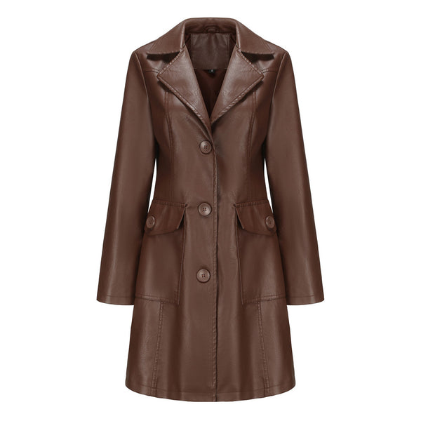 Luxury Lapel Collar Long Sleeve Button Up Cinch Waist Vegan Leather Trench Coat