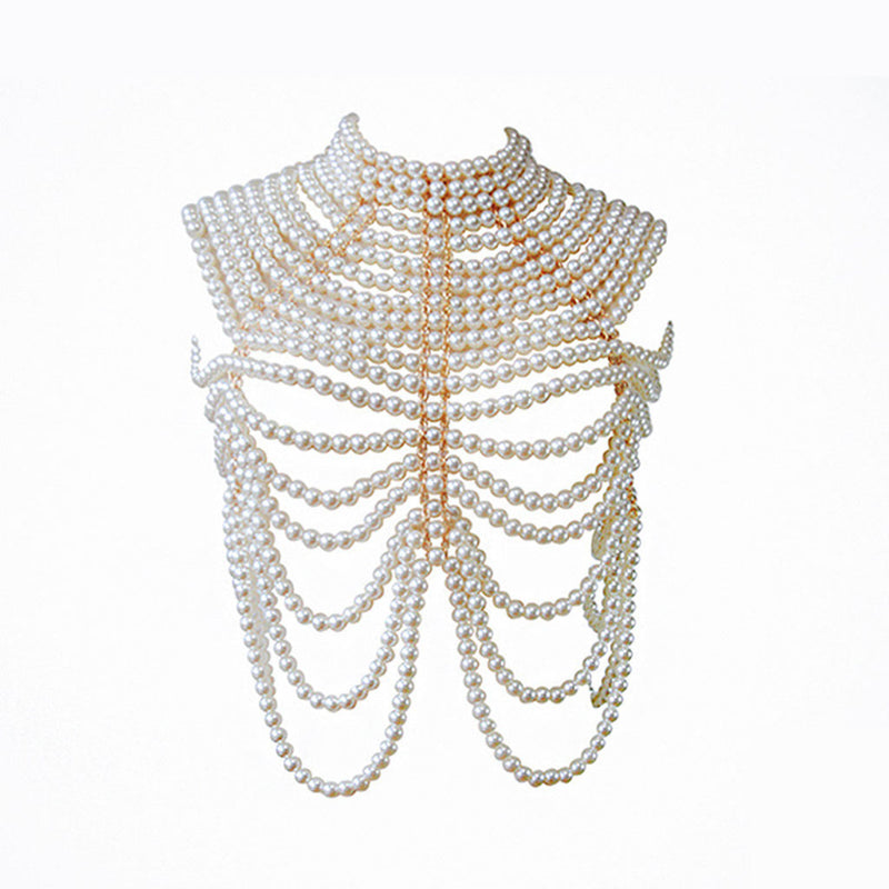 Luxury Metallic Finish Contrast Layered Imitation Pearl Choker Body Chain