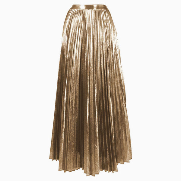 Luxury Metallic Finish High Waist Pleated A Line Summer Maxi Cover Up Skirt