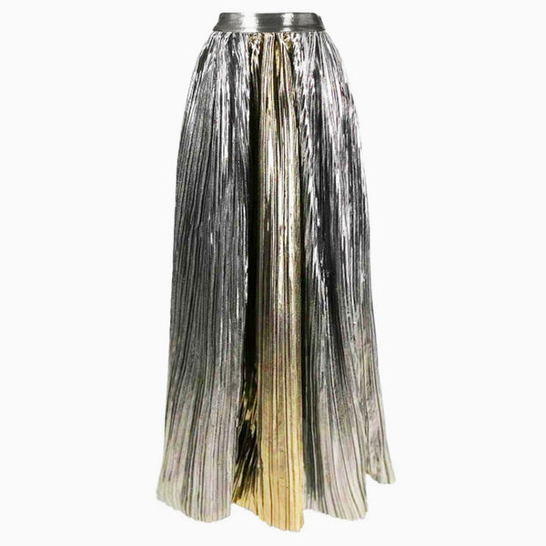 Luxury Metallic Finish High Waist Pleated A Line Summer Maxi Cover Up Skirt