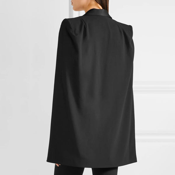 Luxury Monochrome Sheen Shawl Collar Shoulder Pad Tailored Cape Blazer