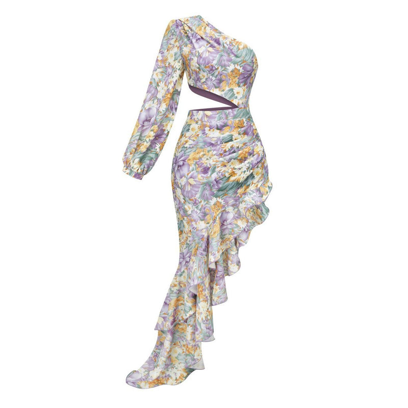 Luxury One Shoulder Cutout Satin Ruffle Floral Evening Dress - Purple