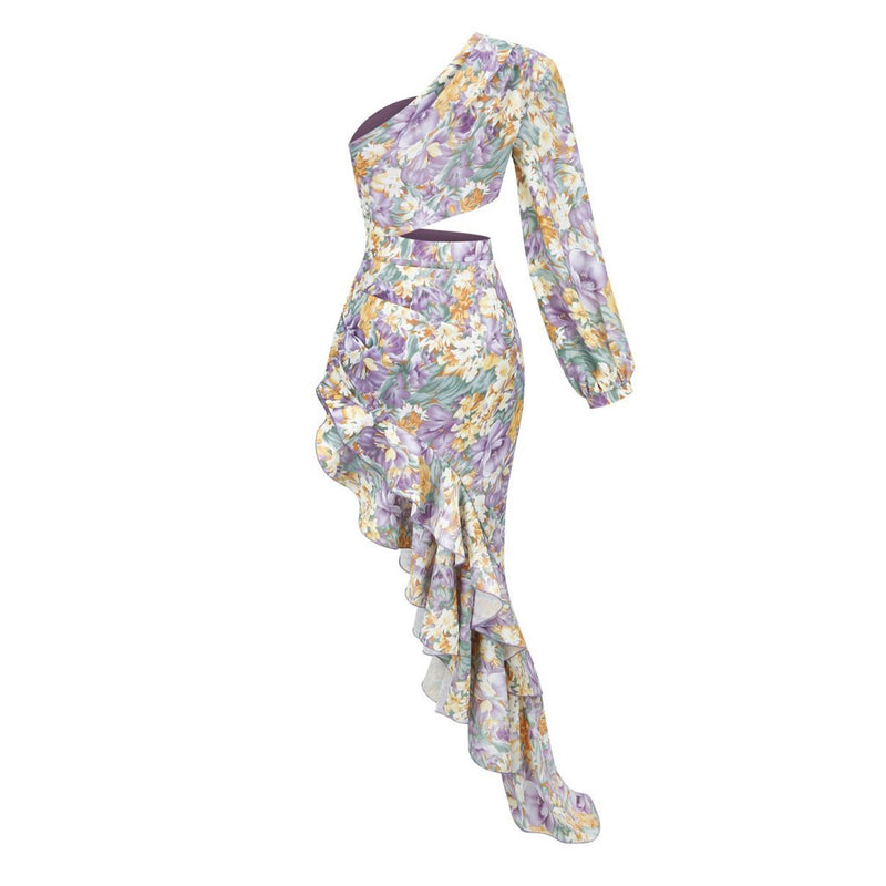 Luxury One Shoulder Cutout Satin Ruffle Floral Evening Dress - Purple