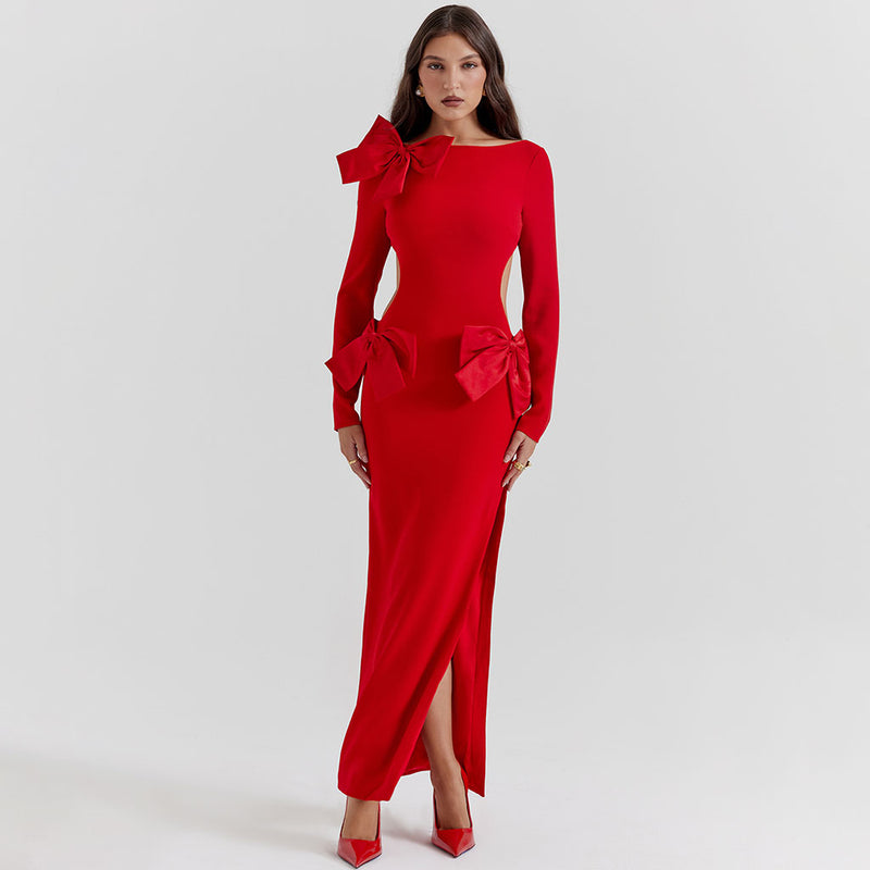 Luxury Oversized Bow Boat Neck Bodycon Long Sleeve Thigh Split Cut Out Maxi Dress