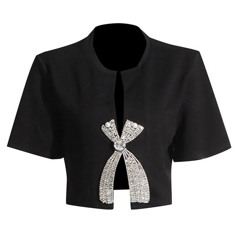 Luxury Rhinestone Bow Split Short Sleeve Notched V Neck Crop Top