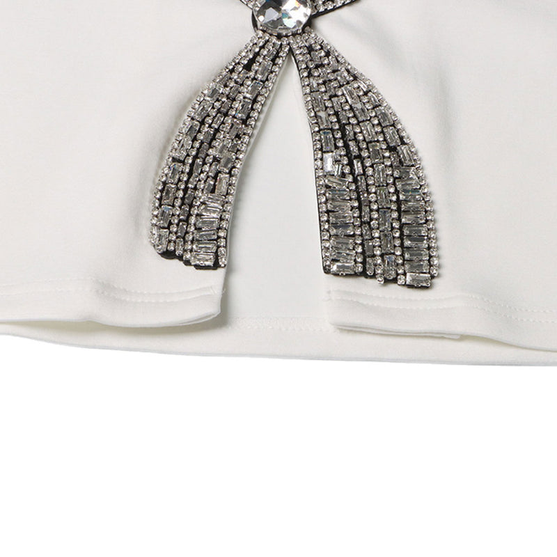 Luxury Rhinestone Bow Split Short Sleeve Notched V Neck Crop Top