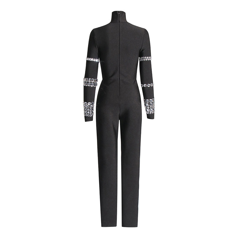 Luxury Rhinestone High Neck Long Sleeve Bodycon Bandage Jumpsuit