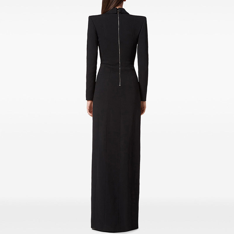 Luxury Satin Lapel Deep V Crystal Button High Split Evening Maxi Blazer Dress