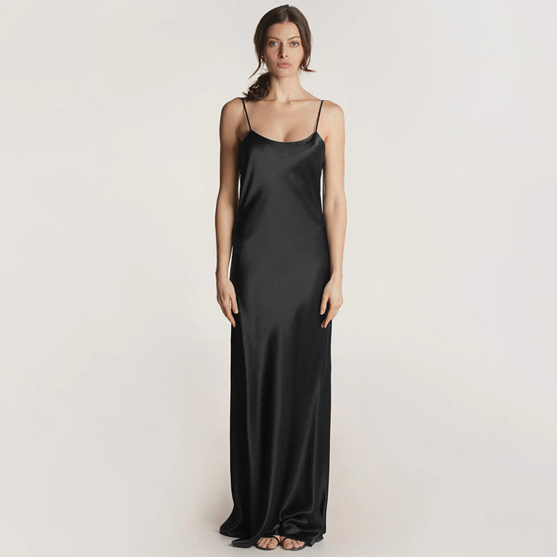 Luxury Scoop Neck Spaghetti Strap Backless Silk Satin Maxi Slip Dress