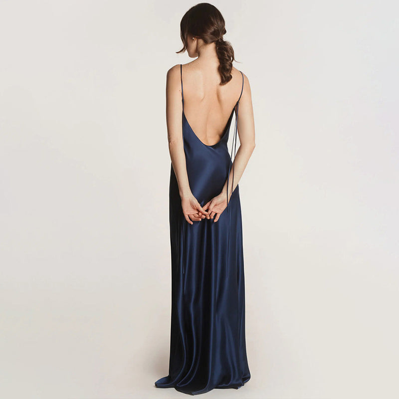 Luxury Scoop Neck Spaghetti Strap Backless Silk Satin Maxi Slip Dress