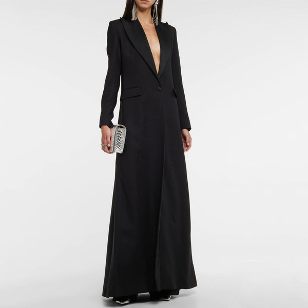 Luxury Sheen Satin Peak Lapel Long Sleeve Single Breasted Long Tailored Coat