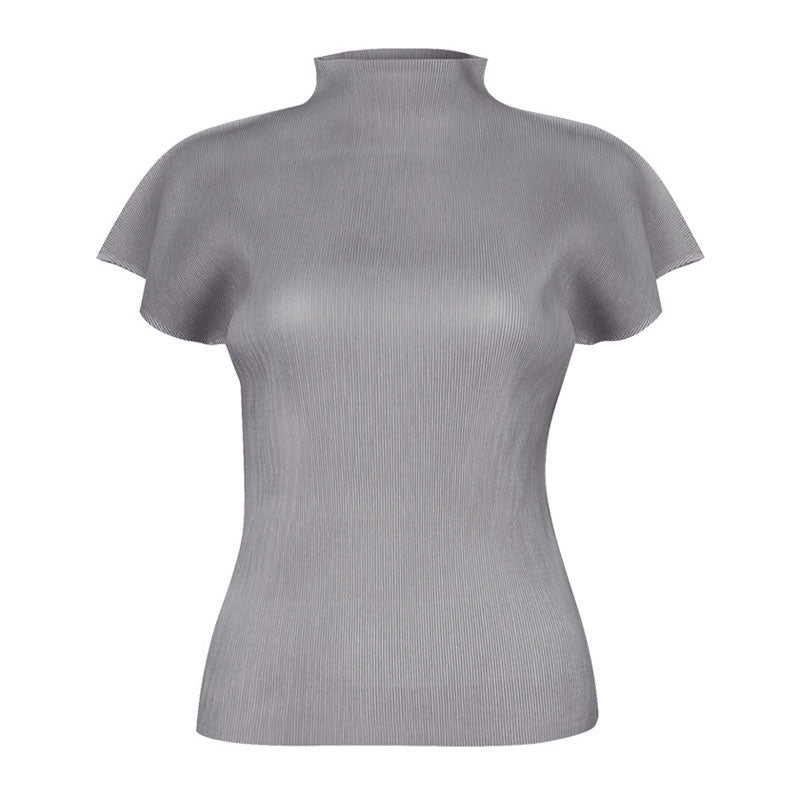 Luxury Solid Color High Neck Short Sleeve Seamless Slim Fit Pleated Top